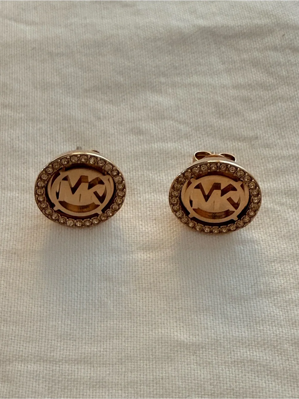 Michael Kors Rose Gold Tone Crystal Halo MK Round Stud Earrings